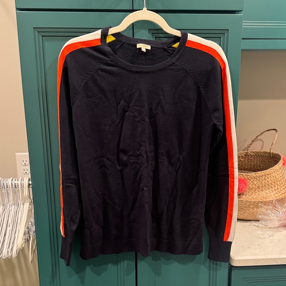 Dark Navy Sweater with Orange, White, Grey, teal and Yellow stripes